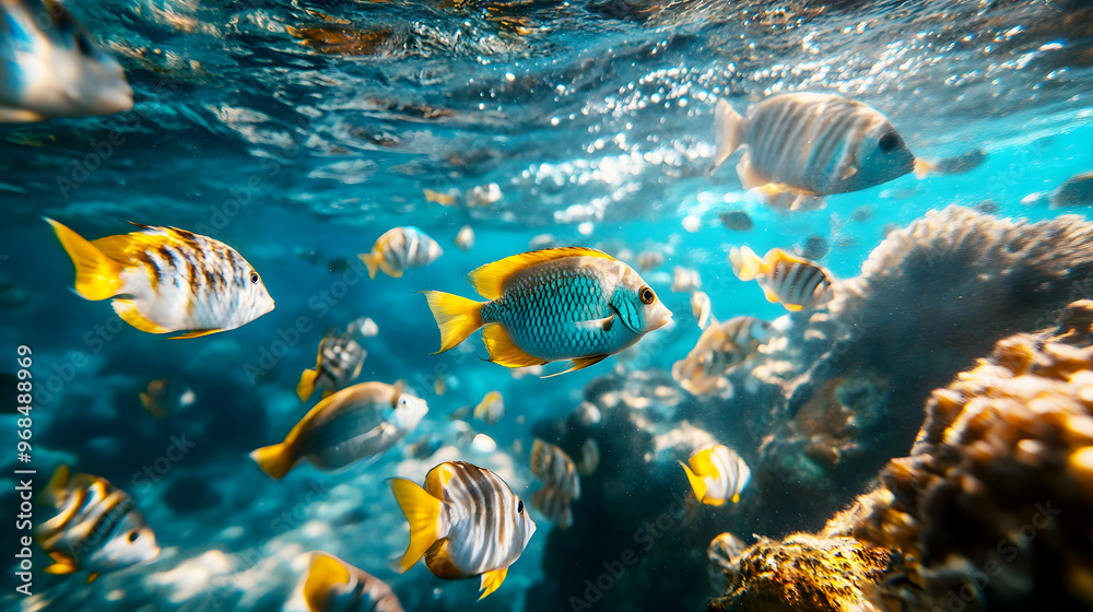 Fototapeta premium Underwater shot of a school of fish swimming in the ocean, showcasing the natural beauty and vibrant colors of fresh fish