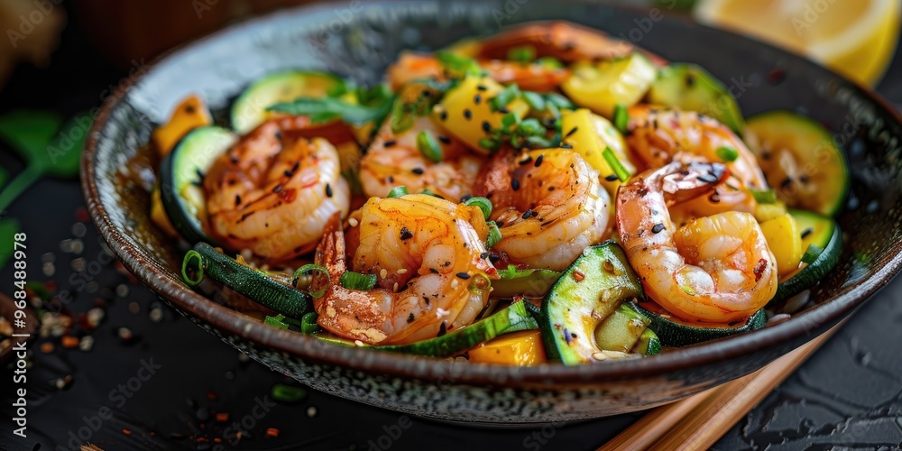 Freshly made Hibachi shrimp bowl with zucchini and squash Freshly made Hibachi shrimp bowl with zucchini and squash