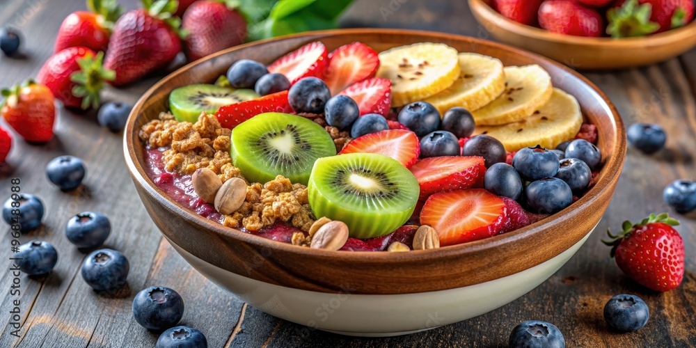 A vibrant and delicious acai bowl topped with strawberries, bananas, kiwi, blueberries, peanut butter, and cereal , healthy A vibrant and delicious acai bowl topped with strawberries, bananas, kiwi, blueberries, peanut butter, and cereal , healthy