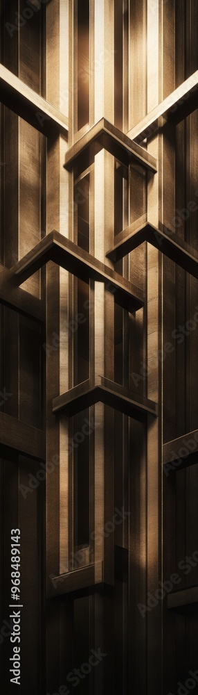 Abstract wooden structure with angular shapes illuminated by soft light, creating a warm and inviting atmosphere.
