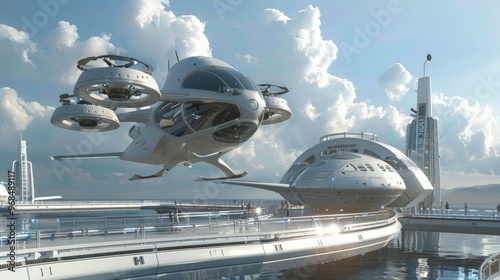 Futuristic vertical take off and landing VTOL air taxi port photo