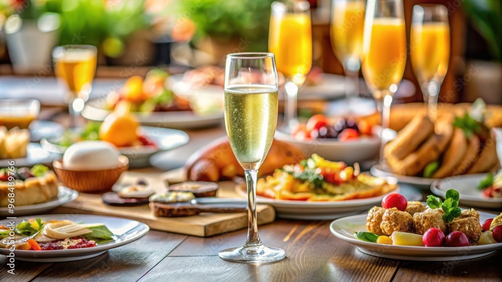 Close-up of a glass of champagne on a table with various breakfast and brunch dishes, champagne, glass, table, breakfast Close-up of a glass of champagne on a table with various breakfast and brunch dishes, champagne, glass, table, breakfast