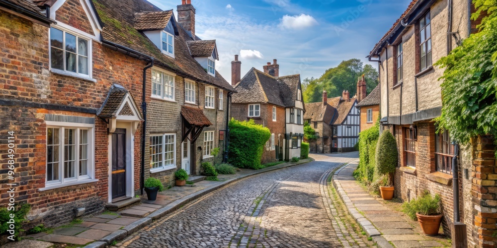 Obraz premium Quiet street in Chilham village with historic buildings and cobblestone pavement, Chilham, village, street