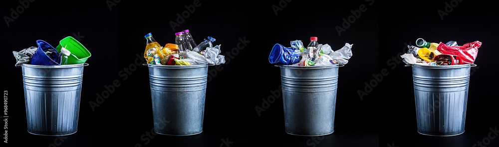 Four Diverse Trash Cans Overflowing with Garbage, Black Background ...