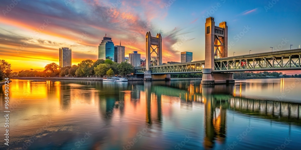 Sunset above the Sacramento skyline with the Sacramento River and Tower Bridge in California captured from a worm s eye view, travel, architectural, Tower Bridge, landmark, California Sunset above the Sacramento skyline with the Sacramento River and Tower Bridge in California captured from a worm s eye view, travel, architectural, Tower Bridge, landmark, California
