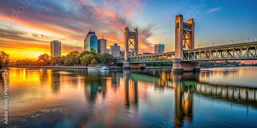 Sunset above the Sacramento skyline with the Sacramento River and Tower Bridge in California captured from a worm s eye view, travel, architectural, Tower Bridge, landmark, California photo