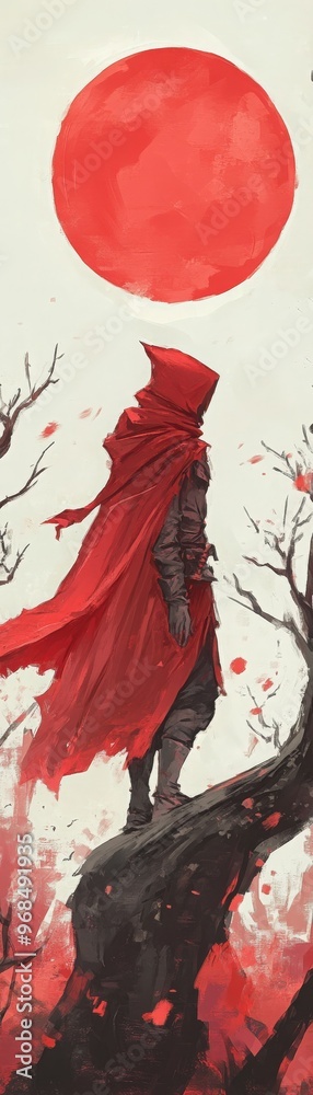 A mysterious figure in a red cloak stands under a large red moon ...