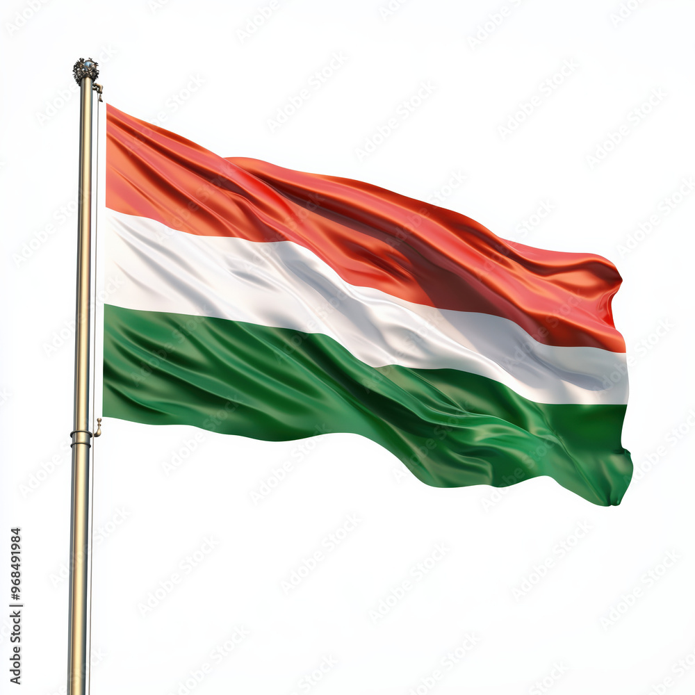 Waving Hungarian Flag on a Pole, Isolated on White Background Waving Hungarian Flag on a Pole, Isolated on White Background