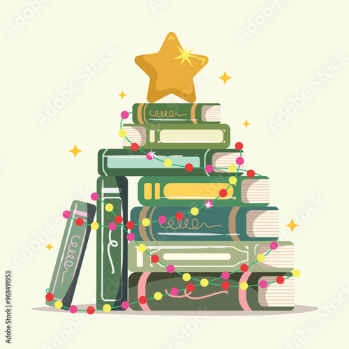 Stack of books decorate with light for christmas tree. Merry Christmas and Happy New Year banner, greeting card, poster, holiday design.