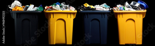 High-Resolution View of Four Different Trash Cans Full of Garbage Set Against a Black Background - Perfect for Waste Disposal and Recycling Themes