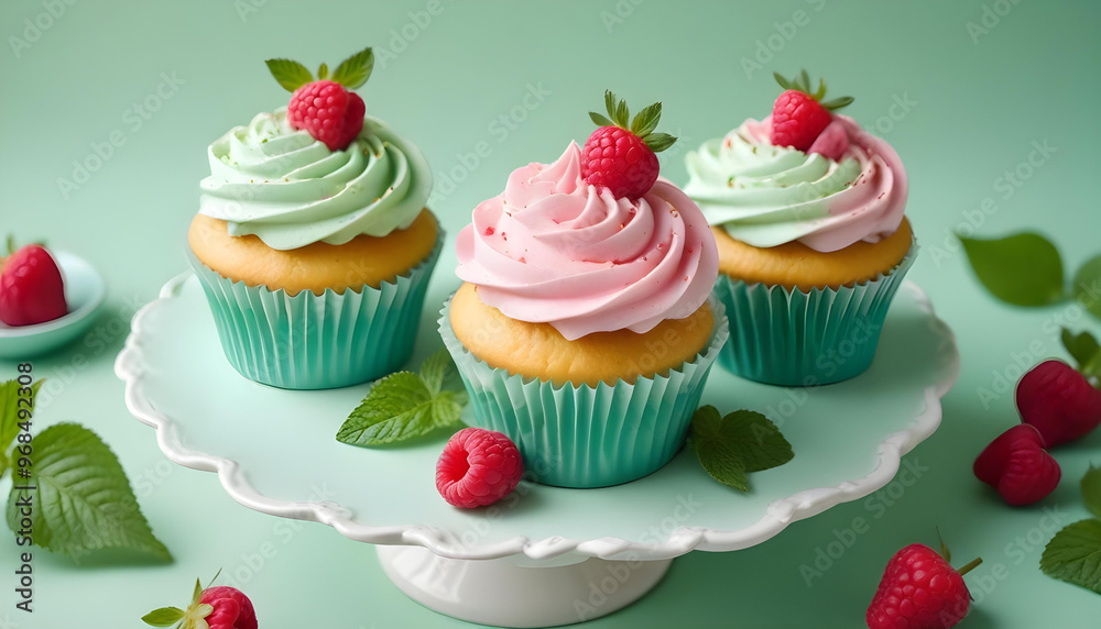 Three colorful cupcakes with pink frosting, fresh raspberries, and green leaves on a mint green background Three colorful cupcakes with pink frosting, fresh raspberries, and green leaves on a mint green background