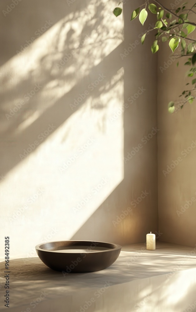 A serene corner featuring a bowl, candle, and gentle shadows, perfect for evoking tranquility in home decor. A serene corner featuring a bowl, candle, and gentle shadows, perfect for evoking tranquility in home decor.