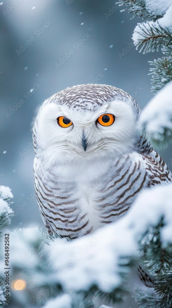 Snowy owl in winter forest, detailed close-up. Wildlife and nature concept Snowy owl in winter forest, detailed close-up. Wildlife and nature concept