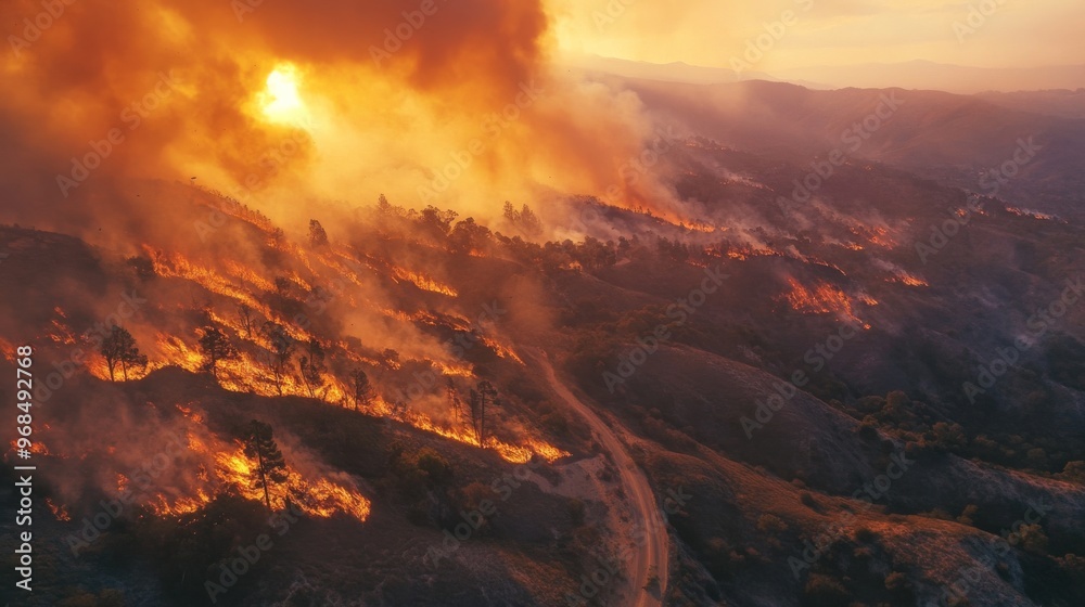 Great wildfire burning the a large forest, global crisis of climate change, protecting the world from global boiling crisis , Generative AI Great wildfire burning the a large forest, global crisis of climate change, protecting the world from global boiling crisis , Generative AI