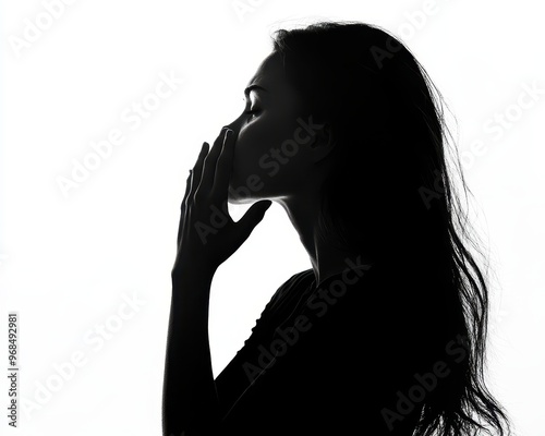 Side view of a woman midyawn, hand partially covering her mouth, pure white background, silhouette style, subtle lighting, expressing exhaustion, minimalist photo