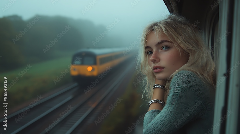 A young woman looks out of a train window at a passing train on a foggy day. A young woman looks out of a train window at a passing train on a foggy day.