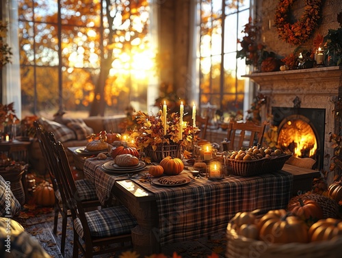 A cozy Thanksgiving Day home interior decorated with autumn leaves