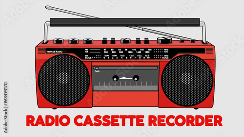 Simple Red Radio Cassette Recorder with Double Speakers and Single Antenna Design Vector