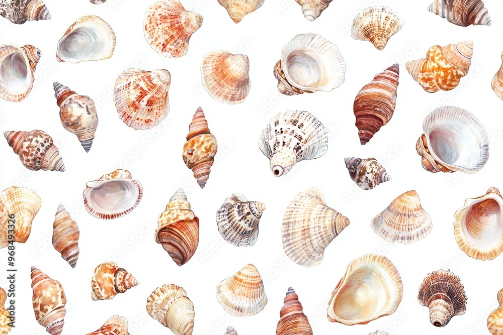 A vibrant collection of various seashells arranged beautifully on a white background, showcasing nature's artistry. A vibrant collection of various seashells arranged beautifully on a white background, showcasing nature's artistry.