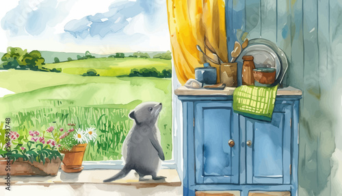A curious raccoon peers out of a window at a serene garden scene