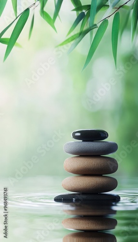 A tranquil scene featuring stacked stones on water, surrounded by lush greenery, representing peace and harmony in nature.