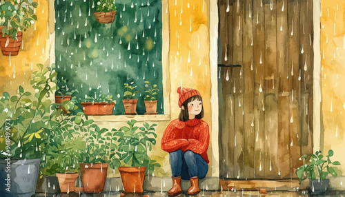 A Young Girl Sitting on a Doorstep on a Rainy Day