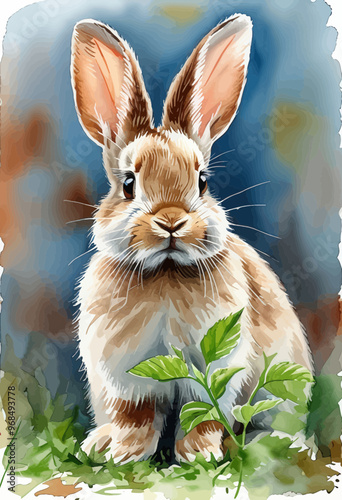 Adorable Easter Bunny with Big Eyes and Whiskers, Standing in a Field of Green Leaves