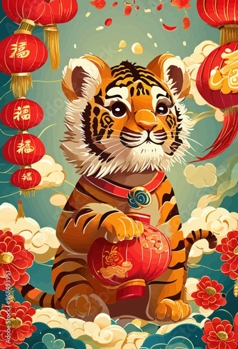 Adorable Tiger Holding Red Lanterns, Festive Chinese New Year Decoration