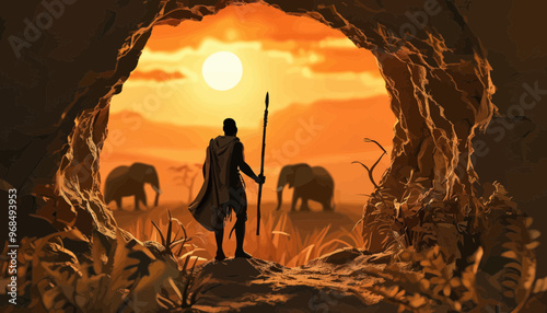 African safari at sunset with a hunter and elephants