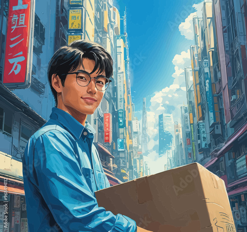 Asian Man in Blue Shirt Delivering Package in Bustling Cityscape