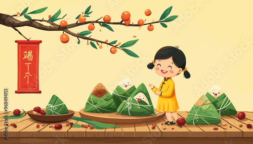 Asian girl with yellow dress and pigtails, smiling, standing next to baskets of wrapped food, including oranges and apples, on a wooden table with Chinese characters above, illustration