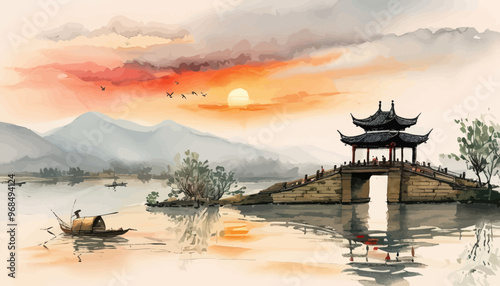 Asian-style pavilion with traditional architecture overlooking a tranquil lake