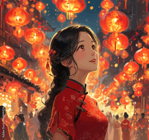Asian Woman in Red Traditional Costume Gazing at Colorful Lanterns Above