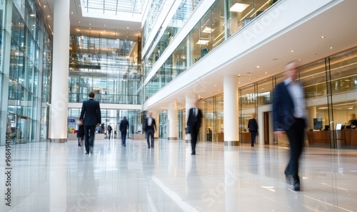 Busy Office Environment: Large Building with Motion Blur of Workers Walking to Work