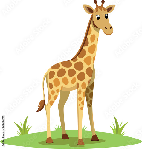 Royalty-free vector design of a cartoon A Giraffe Standing comfortably on green grass on white background for easy download