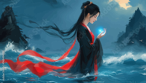Asian Woman in Traditional Costume Releasing Blue Light from Hand