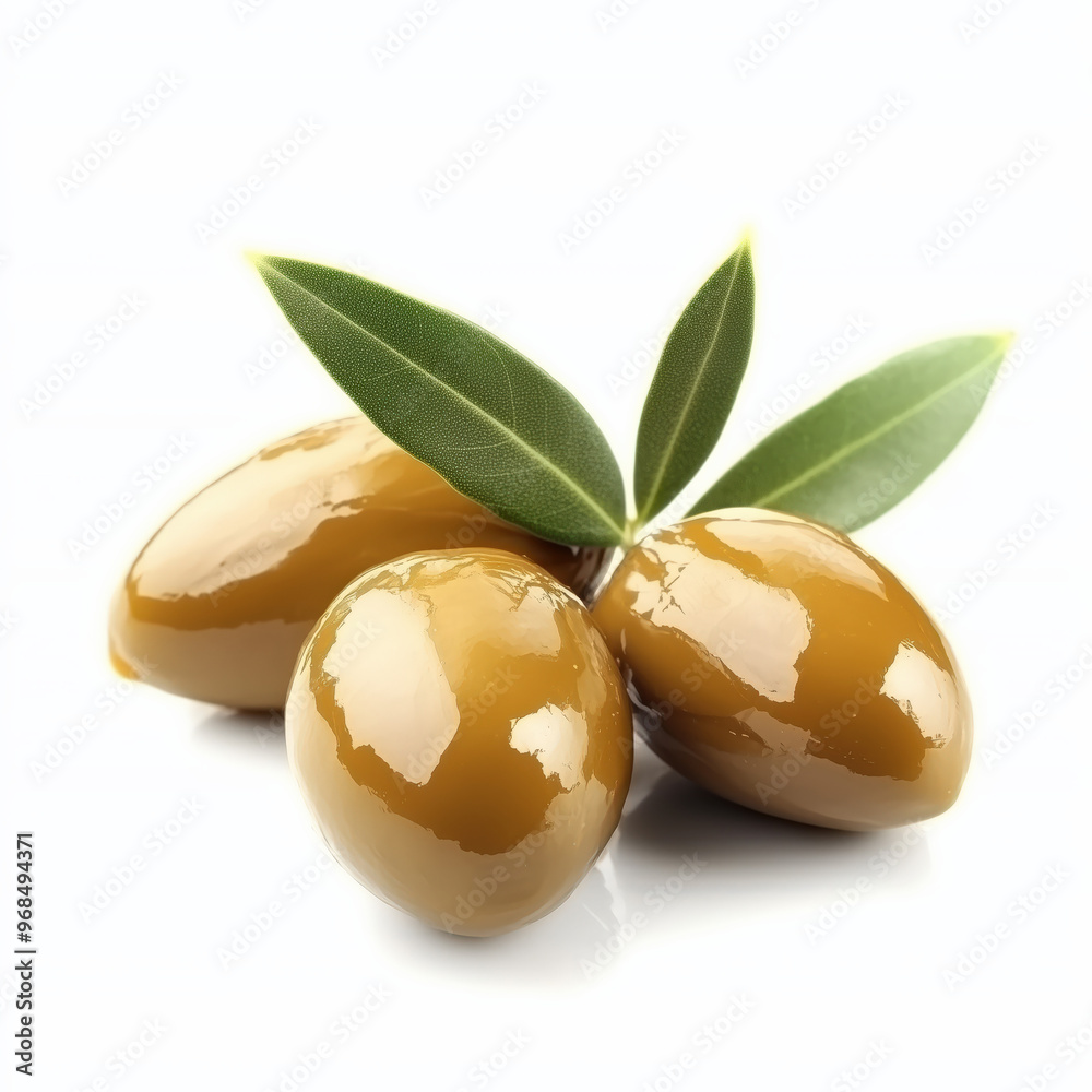Close-up of three glossy green olives with green leaves, isolated on a white background. High-quality PNG format with transparent background Close-up of three glossy green olives with green leaves, isolated on a white background. High-quality PNG format with transparent background