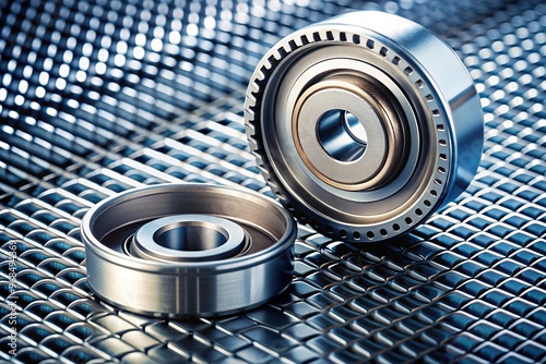 industrial equipment, timing system, auto repair, A close up view of a bearing tensioner and a timing belt installed on a metallic surface creating a forced perspective effect photo