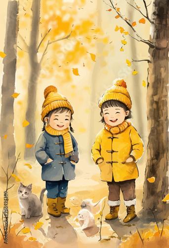 Autumnal Bliss: Two Children Standing in a Forest, Smiling and Embracing the Season