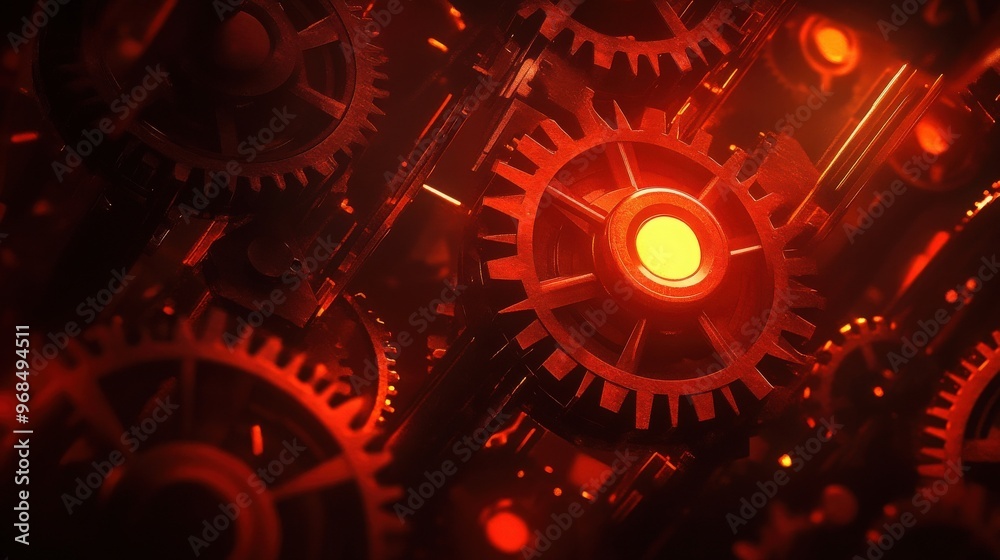 Close-up of intricate gears glowing in red, showcasing a dynamic mechanical design with intense lighting and detail. Close-up of intricate gears glowing in red, showcasing a dynamic mechanical design with intense lighting and detail.