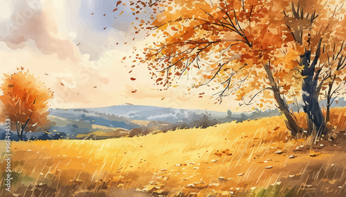 Autumnal Fieldscape with Orange Leaves and Yellow Grass