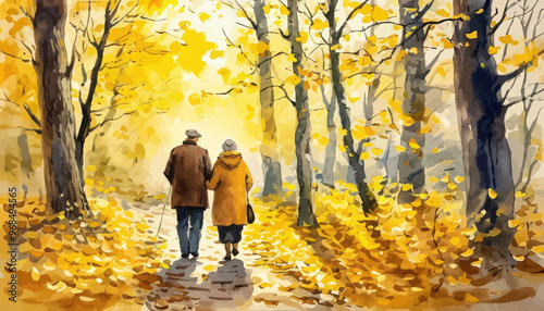 Autumnal Stroll: A Couple's Embrace Amidst Yellow Leaves