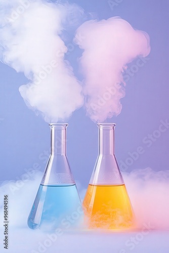 Colorful beakers with blue and yellow liquids create steam, ideal for science projects and educational themes.