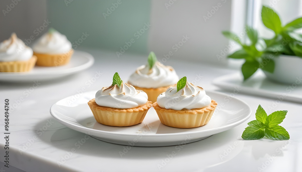 Two small tarts with a creamy, meringue-like topping and fresh mint leaves on top, served on a plate