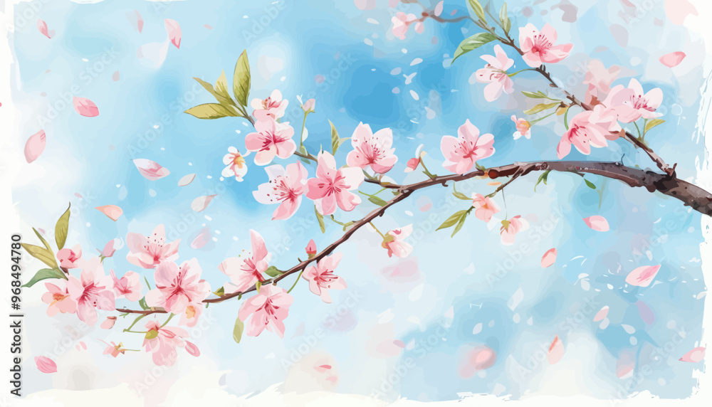 Blossoming Branch with Pink Flowers and Leaves Blossoming Branch with Pink Flowers and Leaves