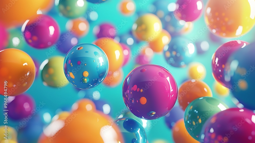 A 3D render of glossy spheres in various sizes and vibrant colors, floating freely in space, casting reflections and creating a sense of weightlessness. 8k UHD, suitable for high-quality printing 