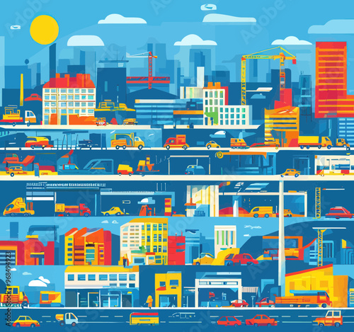 Bustling Cityscape with Construction, Traffic, and Buildings