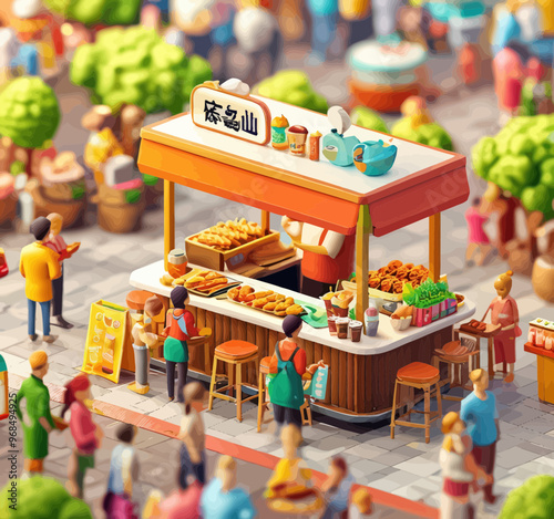 Bustling Street Food Market with Vibrant Vendors and Delicious Snacks