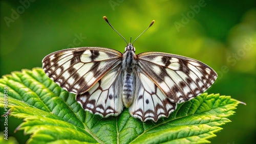 A close up view of a Marbled white butterfly Melanargia galathea on a green leaf, delicate, leaf, insect, meadow, butterfly, wild, nature, fluttering, wildlife photography, fauna, Europe photo