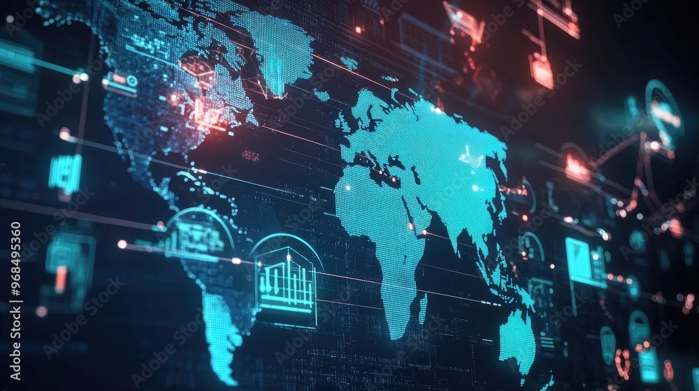 Obraz premium Global Network Map: Connecting Data Points with Interactive Visualizations